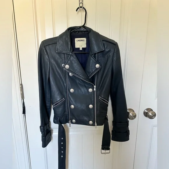 L'AGENCE Billie Belted Leather Jacket  /Coat Midnight Navy XS - Picture 10 of 14